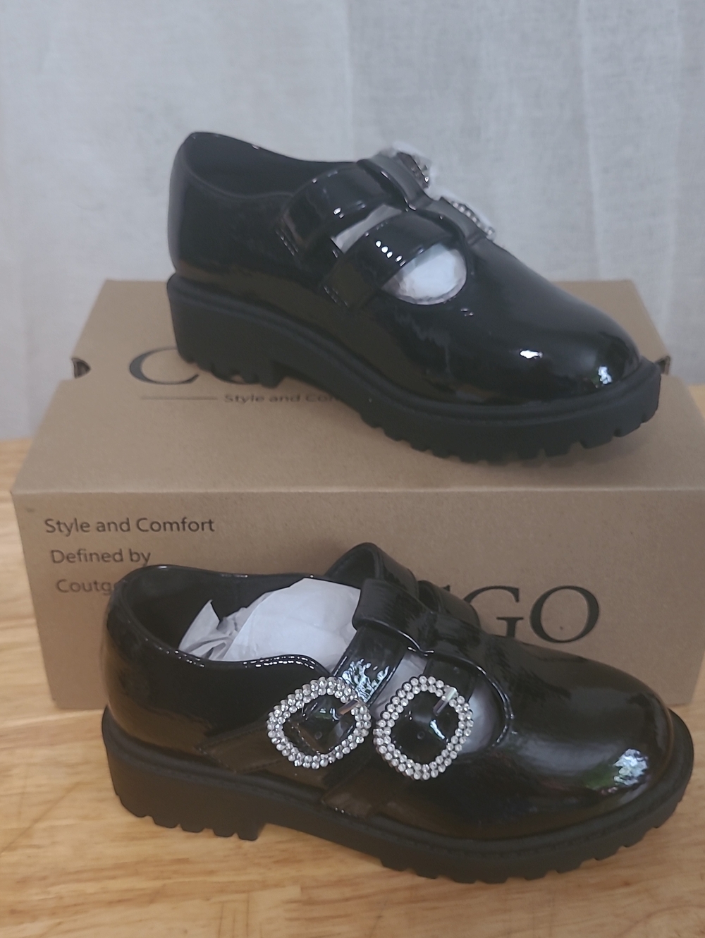 Girls' Black Patent Dress Shoes with Crystal Buckles